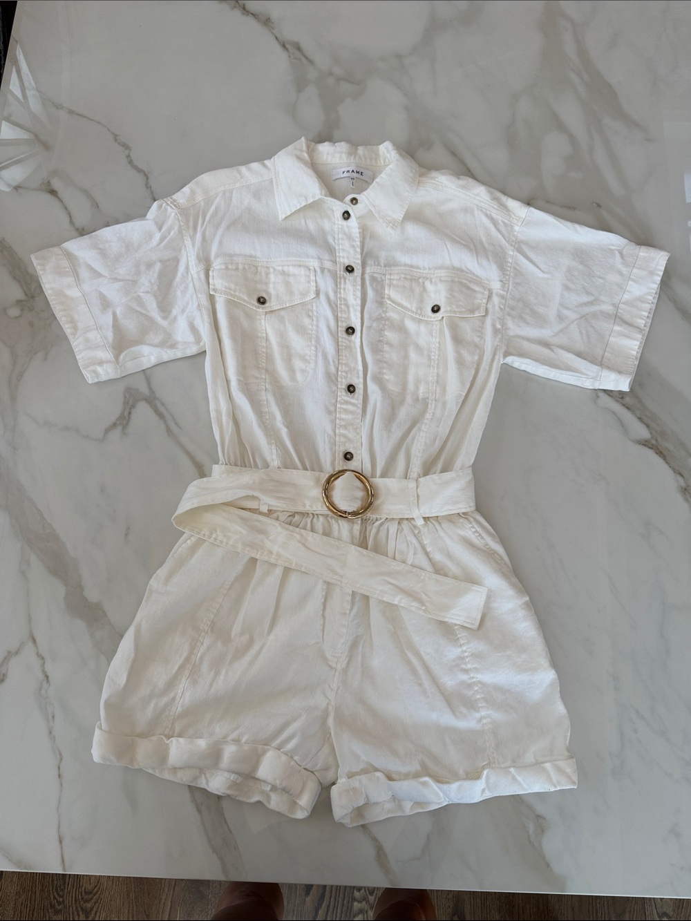 FRAME White Short-Sleeve Button Romper with Belt